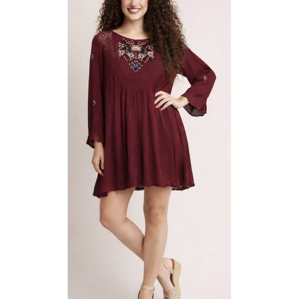 Free People Burgundy Embroidered Boho Mini Dress Long Sleeve Crochet Lace Medium